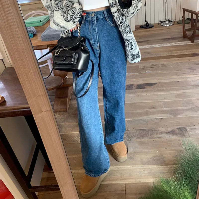 「MD」Retro High Waist Slimming Straight Leg Casual Washed Denim Jeans Women's Chic Spring Versatile Wide Leg Casual Loose Fit - Lootquake