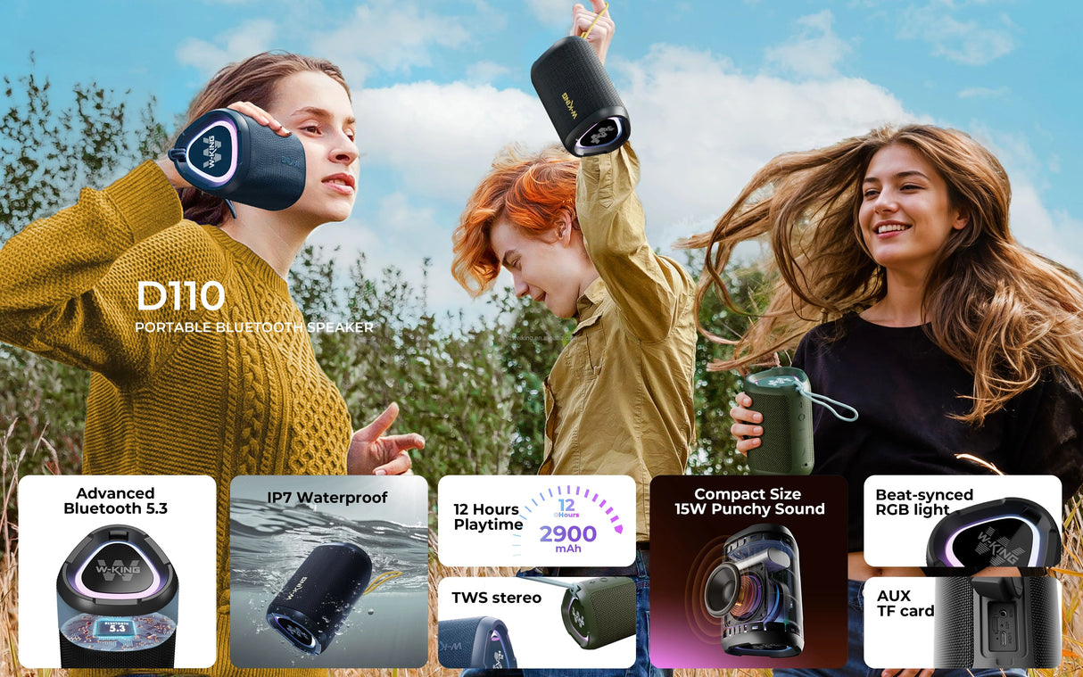 Altavoz Bluetooth con pantalla LED, graves potentes y 15 W de potencia, resistente al agua IPX7 para fiestas al aire libre.