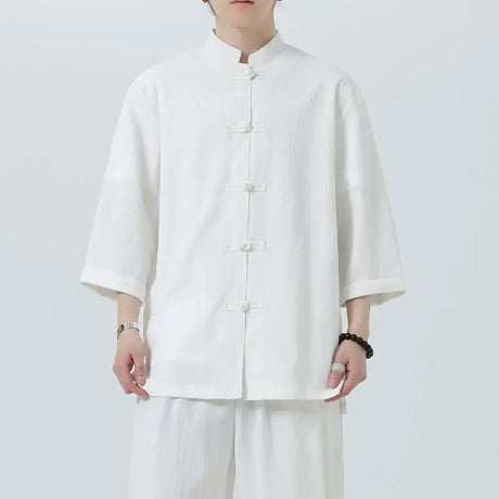Men Chinese Style Hanfu Shirt 3/4 Sleeve Mens Loose Tops Tang Suit Solid Traditional Kung Fu Shirts Male Chinese Shirts M-5XL - Lootquake