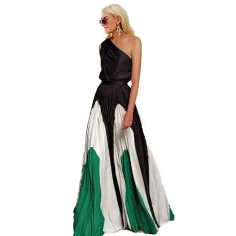 2024 Spring Summer New One Shoulder Dresses Women Splicing Print Off Shoulder Loose Long Dress Fashion Ladies Commuting Vestidos - Lootquake