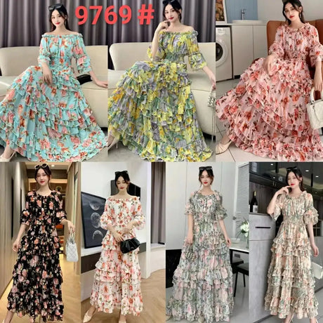 Summer New Off Shoulder  Wrap Waist to Show Thin A-line Fragmented Cake Dress Women's Beach Vacation Chiffon Long Dress GD820 - Lootquake
