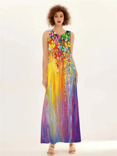 Rainbow Gradient Print Elegant Women's Dress 2024 Summer Sexy Sleeveless V-neck Evening Long Dress Women Casual Party Maxi Dress - Lootquake