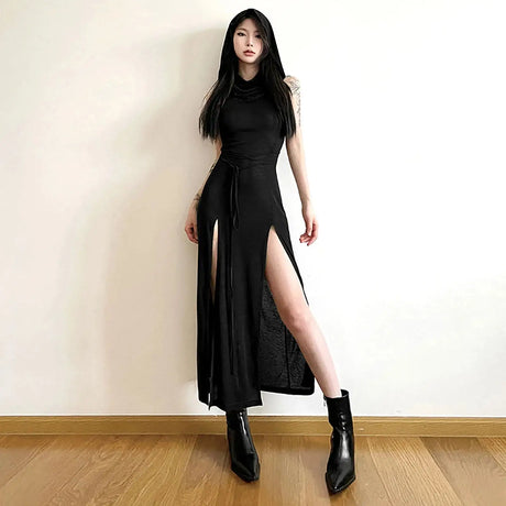 Trendy Hooded Sleeveless Long Dress Korean Style Ladies Lace Up Bodycon Sexy Split Dress Gothic Hip Hop Grunge Maxi Dress - Lootquake