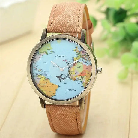 Cool Mini World Fashion Quartz Watch Men Unisex Map Airplane Travel Around The World Women Leather Dress Wrist Watches - Lootquake