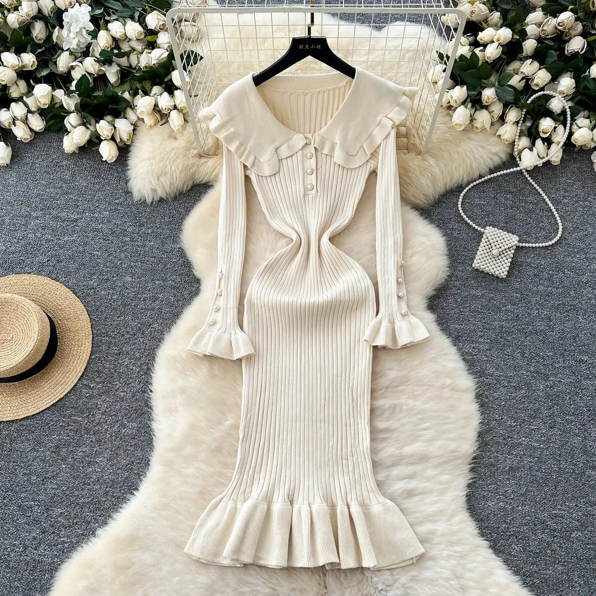 SINGREINY 2024 Hotsweet Slim Autumn Dress Women Peter pan Collar Long Sleeves Patchwork Preppy Style Mermaid Sweater Long Dress - Lootquake