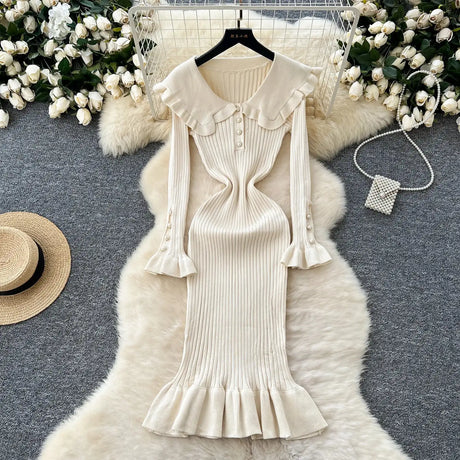 SINGREINY 2024 Hotsweet Slim Autumn Dress Women Peter pan Collar Long Sleeves Patchwork Preppy Style Mermaid Sweater Long Dress - Lootquake