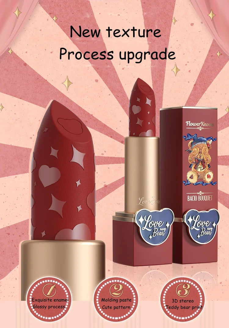 Flower Knows Love Bear Series Matte Moisturizing Lipstick Silky Smooth Renewal Natural Lip Makeup Professional Cosmetic Women