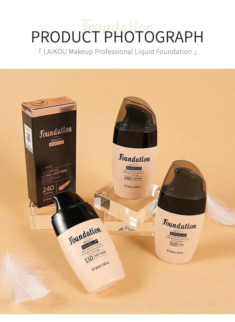 LAIKOU Base de maquillaje líquida hidratante de larga duración, cosmética facial, iluminadora natural, tono base, maquillaje, 30 ml