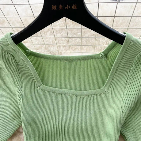 Green 2024 Sexy Summer Knit Short Sleeve Dress Women Squar Collar Waist Bodycon Sundress Female Beach  Backless Long Dress - Lootquake