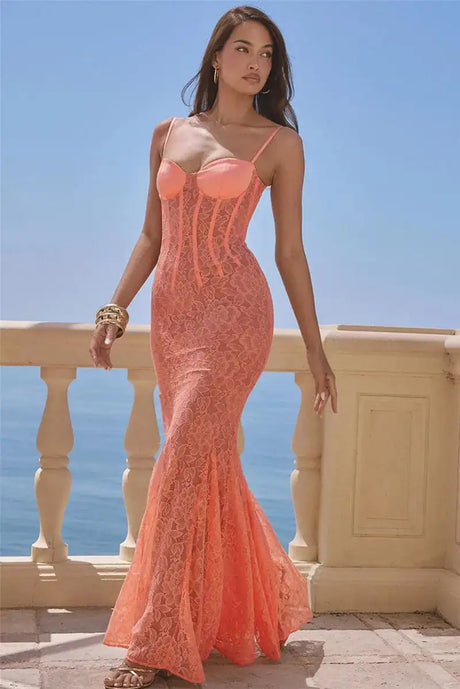 Mozision Floral Lace Sexy Maxi Dress For Women Orange Spaghetti Strap Sleeveless Backless Bodycon Club Party Long Dress Elegant - Lootquake