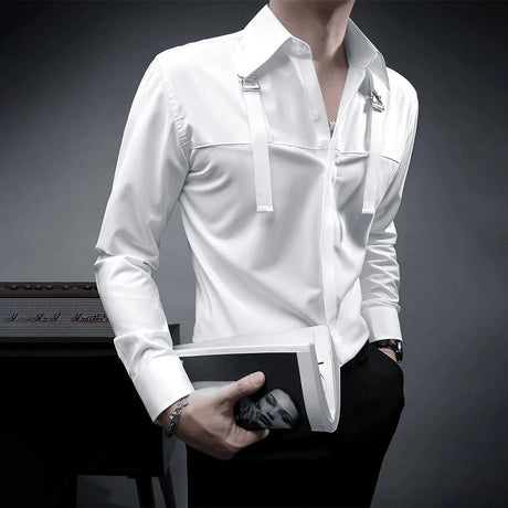 Fashion Unique Suspender Design Long-Sleeved Shirt Mens High-End 2024 Autumn New Trend Casual Solid Color Y2k Mens Shirt - Lootquake