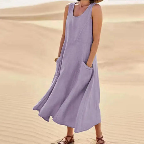 Cotton Linen Sleeveless Dress for Women Summer Pullover Skirt Vestidos Fashion Female Clothing Short Sleeved Loose Long Dress - Lootquake