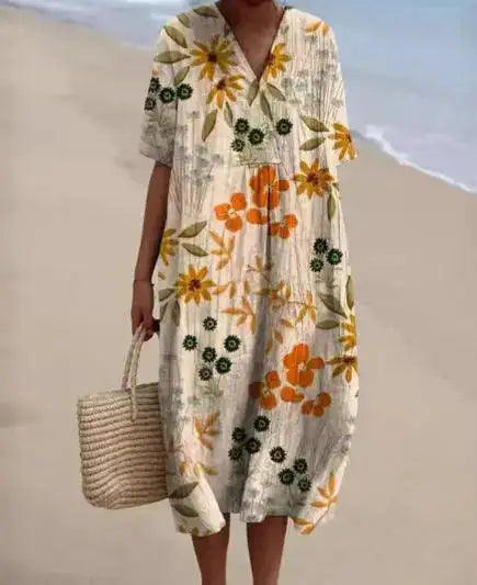 Casual Short Sleeved V-neck Big Swing Dress 2024 New Women's Loose Printed Long Dress Female Retro Flower Print Pullover Dresses - Lootquake