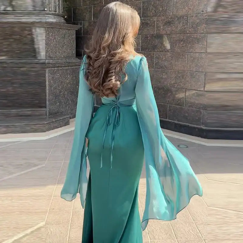 Fashion Satin Solid Robe Dress Ladies Temperament O-neck Slim Evening Dress Elegant Batwing Sleeves High Waist Pleats Long Dress - Lootquake