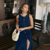 Fashion Knitted Long Dress For Women Elegant Sleeveless Button Maxi Sweater Bodycon Dresses Female Party Fashion Vestidos 2024 N - Lootquake