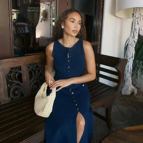 Fashion Knitted Long Dress For Women Elegant Sleeveless Button Maxi Sweater Bodycon Dresses Female Party Fashion Vestidos 2024 N - Lootquake