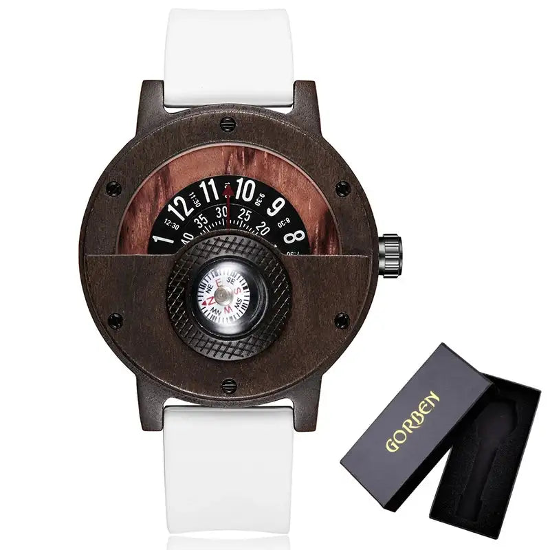 Natural Wood Watch Men Turntable Compass Dial Real Walnut Ebony Bamboo Wooden Watches Male Brown Concept Clock Quartz Wristwatch - Lootquake