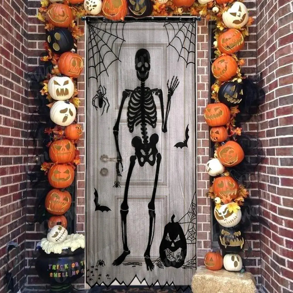 Halloween Window Decorations Halloween Door Curtain Skeleton & Bat Black Lace Panel for Haunted House Decor
