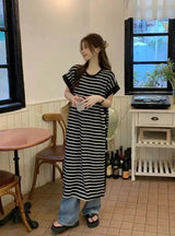 2024 New Casual Korean Striped O-neck Short Sleeve Long Dress Ladies Simplicity Patchwork Loose Tshirt Dress Women Clothing - Lootquake