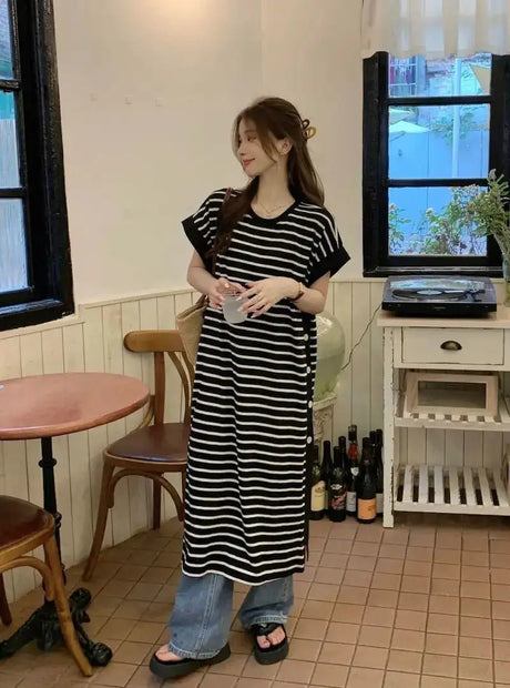 2024 New Casual Korean Striped O-neck Short Sleeve Long Dress Ladies Simplicity Patchwork Loose Tshirt Dress Women Clothing - Lootquake