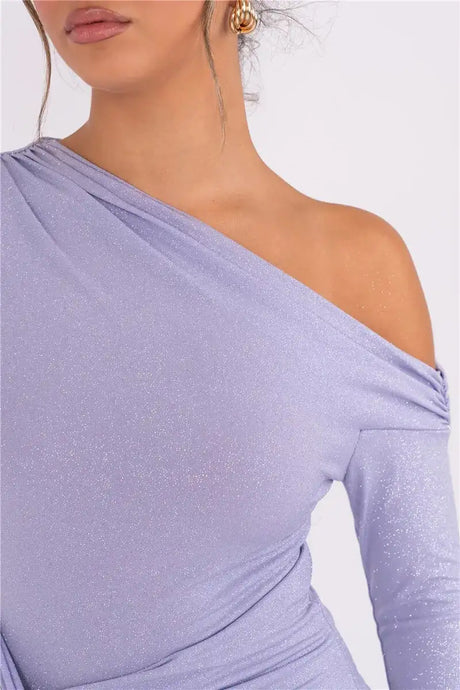 Mozision Sparkle Long Sleeve Sexy Maxi Dress For Women Inclined Shoulder Backless Bodycon Ruched Club Party Sexy Long Dress - Lootquake