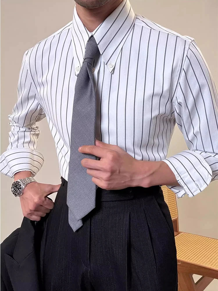 Vintage Striped Printed Slim Shirts Mens Casual Long Sleeve Lapel Buttoned Shirt 2025 Spring Fall Mens Shirt Naple Style Clothes