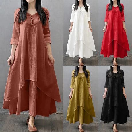 Women Elegant Linen White Dresses Bohemia Layering Vintage Robe Long Sleeve Loose Long Dress Female Autumn Vestidos - Lootquake