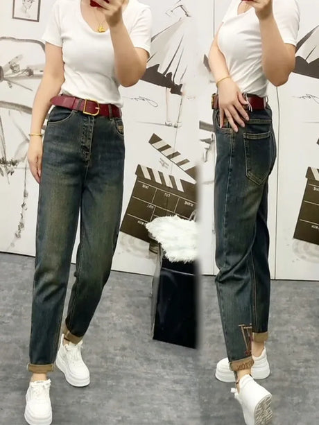 NEW Spring Autumn High Waist Straight Jeans Loose Fit Stretch Haren Denim Pants Ladies Ankle-Length Jeans Pants 2024 - Lootquake
