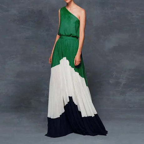 2024 Spring Summer New One Shoulder Dresses Women Splicing Print Off Shoulder Loose Long Dress Fashion Ladies Commuting Vestidos - Lootquake