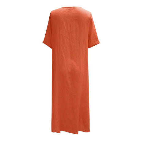 Cotton Linen Short Sleeve Loose Dress 2024 Summer Women's V-neck High Waist Long Dress Vintage Solid Color Straight Beach Dress - Lootquake