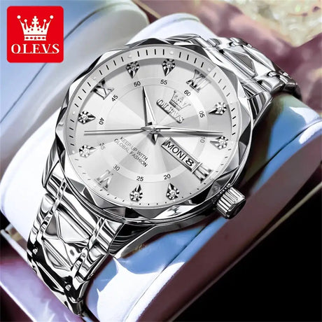 OLEVS Original Fashionable Men's Quartz Watch Top Luxury Brand Waterproof Stainless Steel Diamond Date Week Men's Business Watch - Lootquake