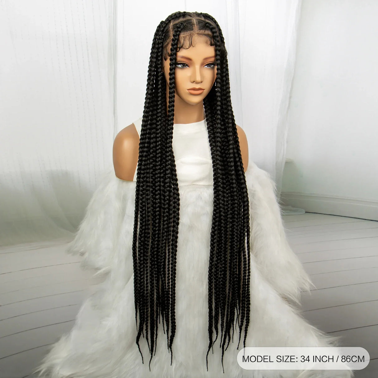 34" Knotless Box Braids Full Lace Wig | Long Black Synthetic Braids | Transparent Lace