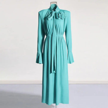 Solid Patchwork Appliques Dresses For Women Half High Collar Flare Sleeve High Waist Elegant Long Dress Female Fashion New - Lootquake