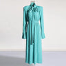 Solid Patchwork Appliques Dresses For Women Half High Collar Flare Sleeve High Waist Elegant Long Dress Female Fashion New - Lootquake