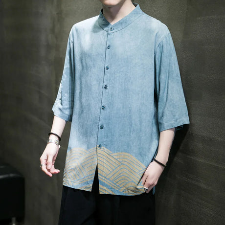 M-5XL Plus Size Mens Half Sleeve Kung Fu Tai Chi Tops Streetwear Casual Shirt Chinese Style Tunic Summer Shirts Sky Blue Clothes - Lootquake
