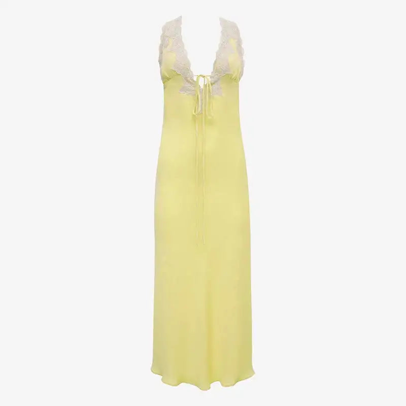 Y2K Chic Women Lace Trim Long Dress 90s Vintage Sexy V Neck Tie Up Backless Bodycon Elegant Lady Club Party Night Cocktail Dress