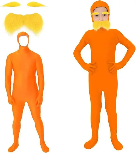 Halloween Party Jumpsuit Orange Costume Yellow Moustache and Eyebrow Baring Orange Bodysuit Masquerade Outfits for Kid and Adult