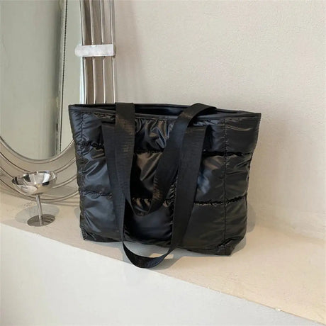 Fashion Ladies Tote Handbags Large Capacity Cotton Padded Shopping Bag Rhombus Portable Handbag Quilted Solid for Leisure Travel - Lootquake