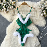 Red Christmas Sexy Lingerie Shawl Set Halter Jumpsuit Lace-up Cosplay Costume New In Women Clothes Skinny Bodysuit Suit Hotsweet - Lootquake
