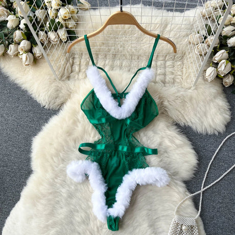 Red Christmas Sexy Lingerie Shawl Set Halter Jumpsuit Lace-up Cosplay Costume New In Women Clothes Skinny Bodysuit Suit Hotsweet - Lootquake