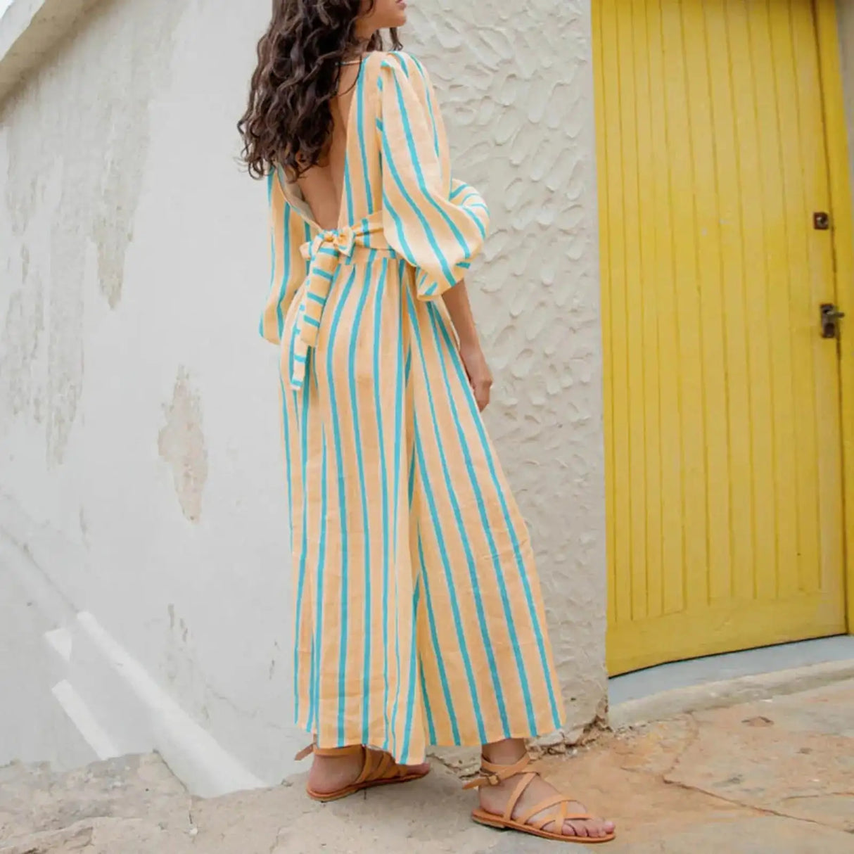 Hirigin Womens Summer Puff Sleeve Long Dress Boho Backless Tie Waist Maxi Dress Bohemian Midi Dress Gauze High Waist Dresses - Lootquake