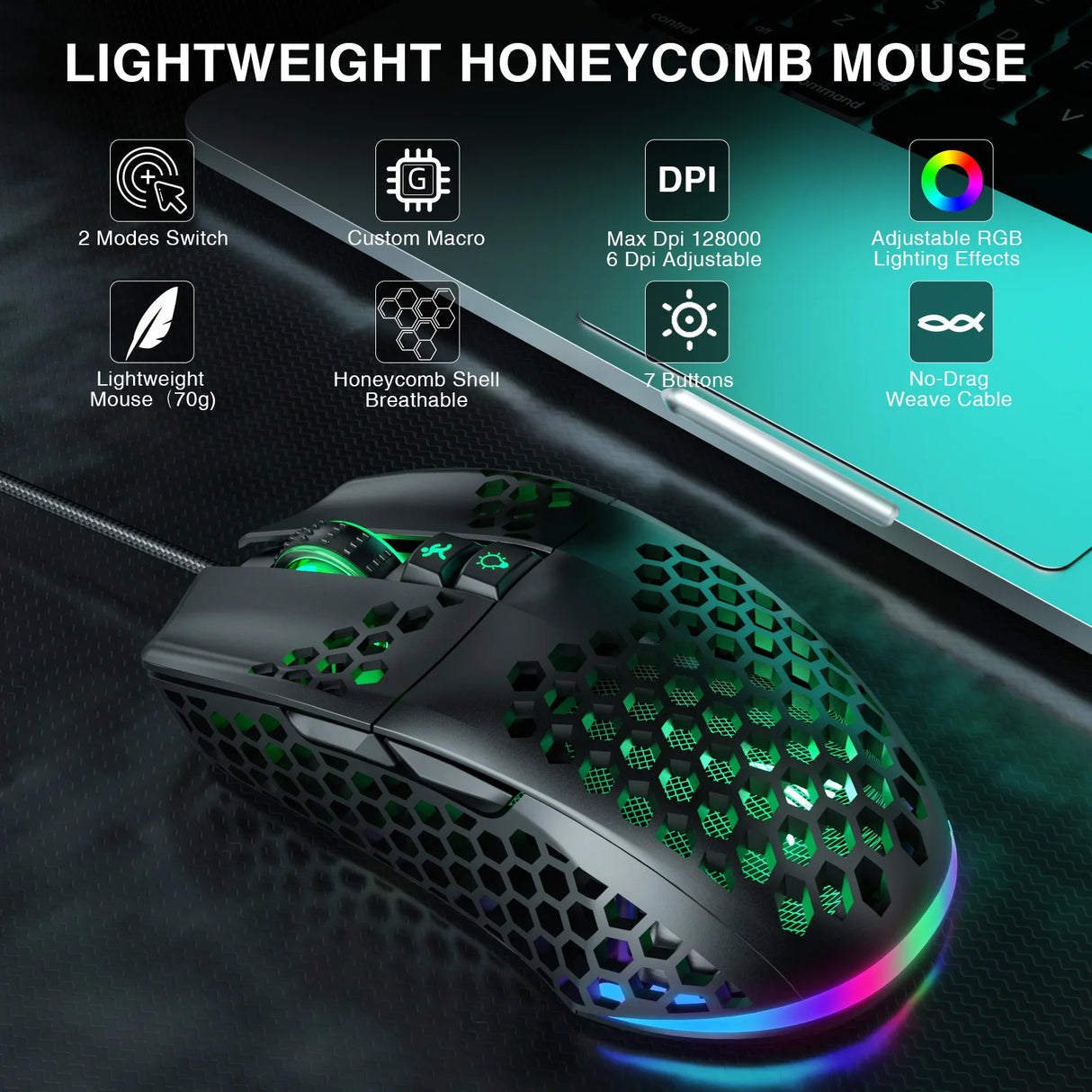 SM900 Wired Gaming Mouse Low Latency 12800 DPI 7 Buttons Macro Software Honeycomb Mice for PC Laptop
