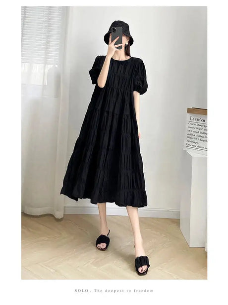 2025 Summer Maternity Pleated Dress Solid Color Loose Pregnant Woman Long Dress Short Sleeve Plus Size Pregnancy Ball Gown Dress - Lootquake