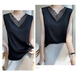 Nueva ropa de mujer, chaleco, camiseta sin mangas, traje de mujer, forro de encaje, verano 2024, nuevo top sin mangas de satén de seda, chalecos con tirantes