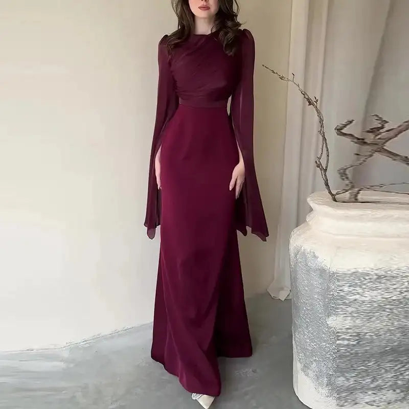 Fashion Satin Solid Robe Dress Ladies Temperament O-neck Slim Evening Dress Elegant Batwing Sleeves High Waist Pleats Long Dress - Lootquake