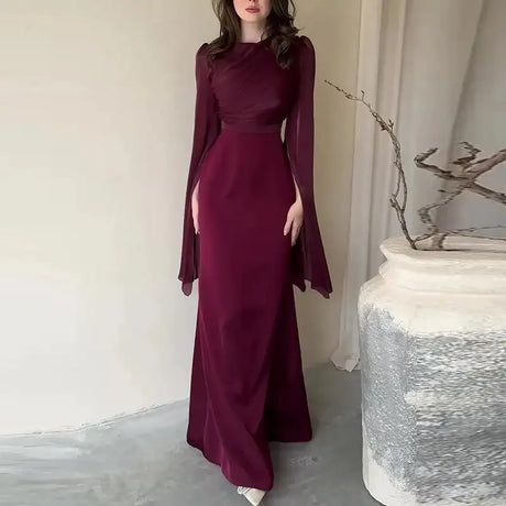 Fashion Satin Solid Robe Dress Ladies Temperament O-neck Slim Evening Dress Elegant Batwing Sleeves High Waist Pleats Long Dress - Lootquake