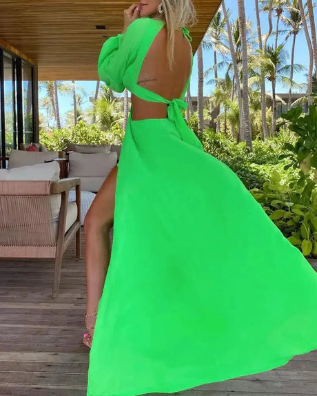 2024 Fashion New Women's Sexy Vacation Dress Solid Long Dress Cut Out Exposed Waist High Slit Suspender Long Skirt - Lootquake