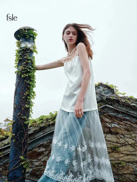 FSLE White Lace Splicing Suspender Summer Long Dress For Female 2024 New Unique Design Influencer Niche Women Top 24FS12296 - Lootquake