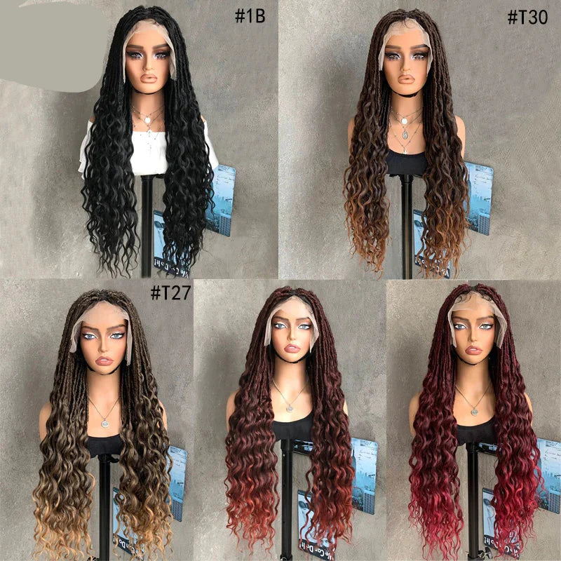 22" Curly End Box Braided Full Lace Front Wig | Goddess Locs | Bohemian Braids | Synthetic Wig
