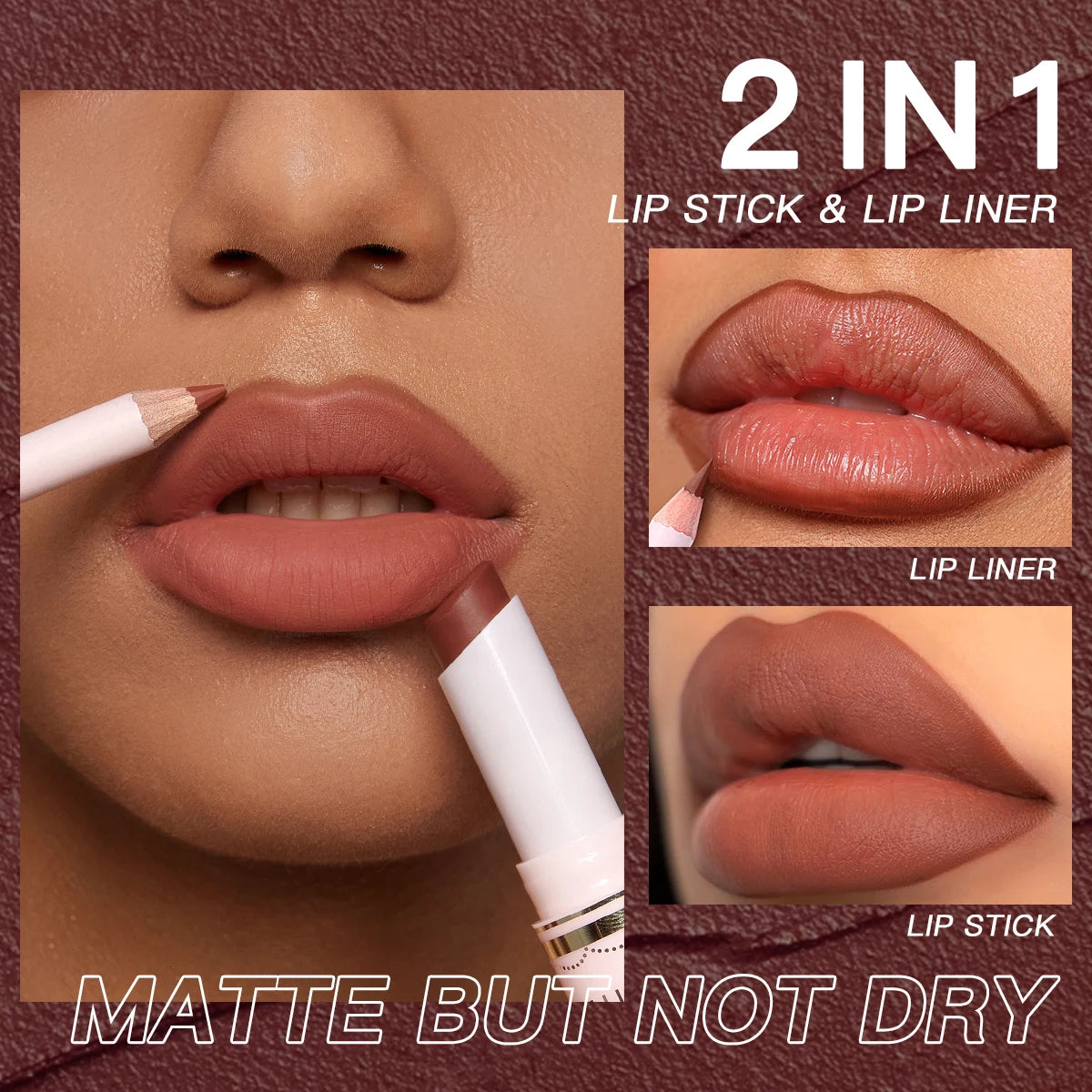 USHAS,Lipstick + lip liner set, matte finish, waterproof, long-lasting and non-staining, velvet nude lip gloss